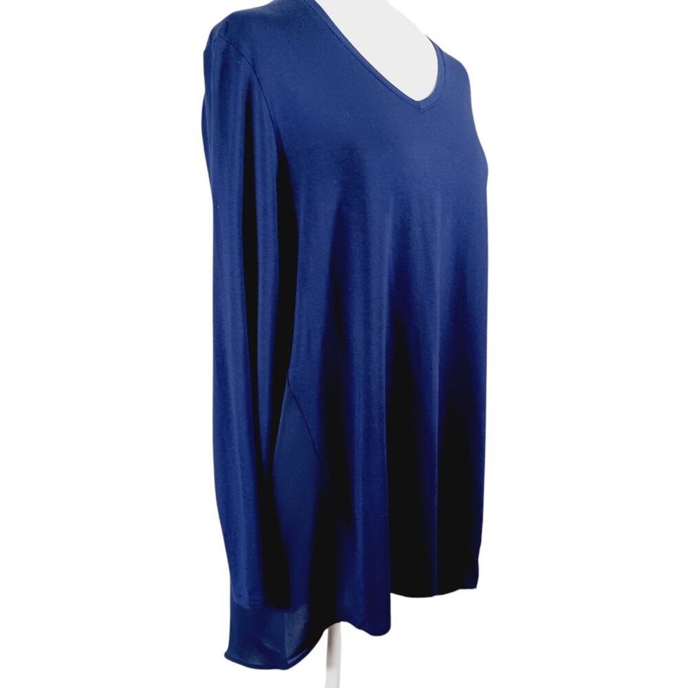 Chico's Navy Top Small, Mixed Media, Gorgeous Draped Back, High Low, Long Sleeve - Picture 5 of 14